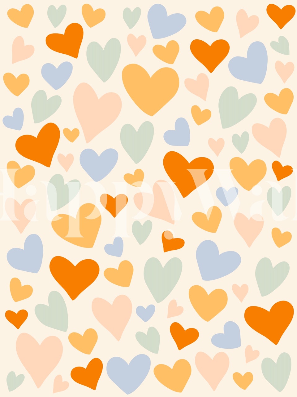 Colorful hearts in various shades of orange, pink, and green on cream background wallpaper