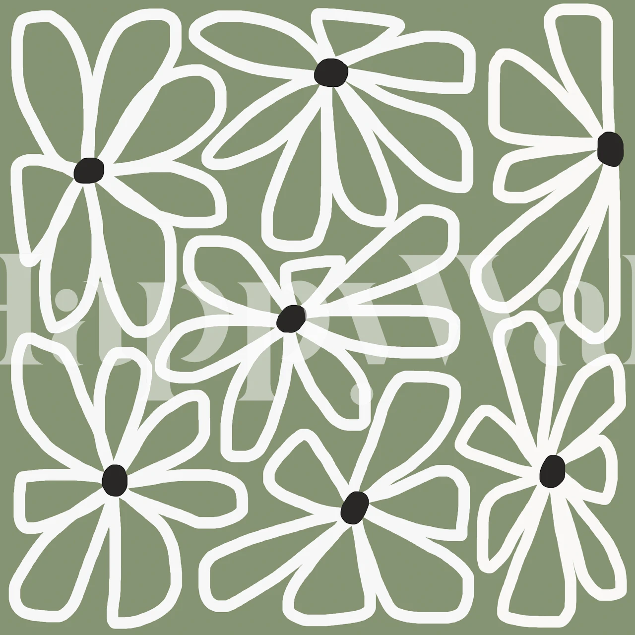 Daisy chain pattern in white on a sage green background, floral wallpaper
