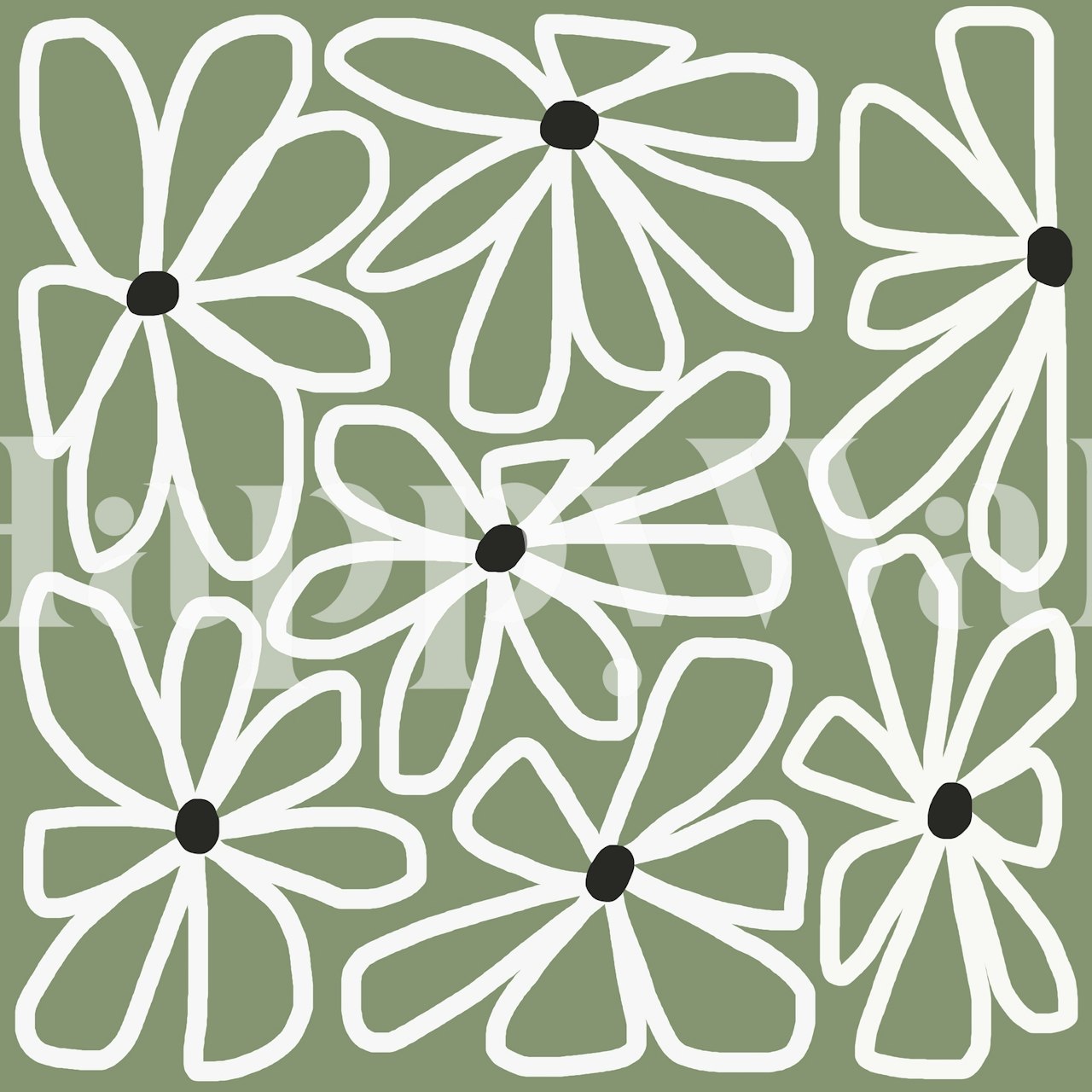Daisy chain pattern in white on a sage green background, floral wallpaper
