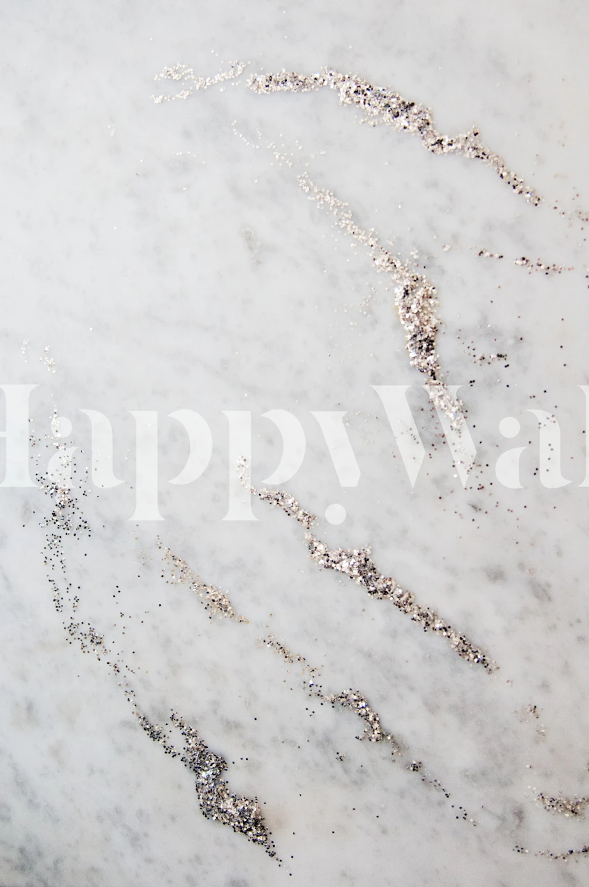 White marble wallpaper with glittering gold and silver accents