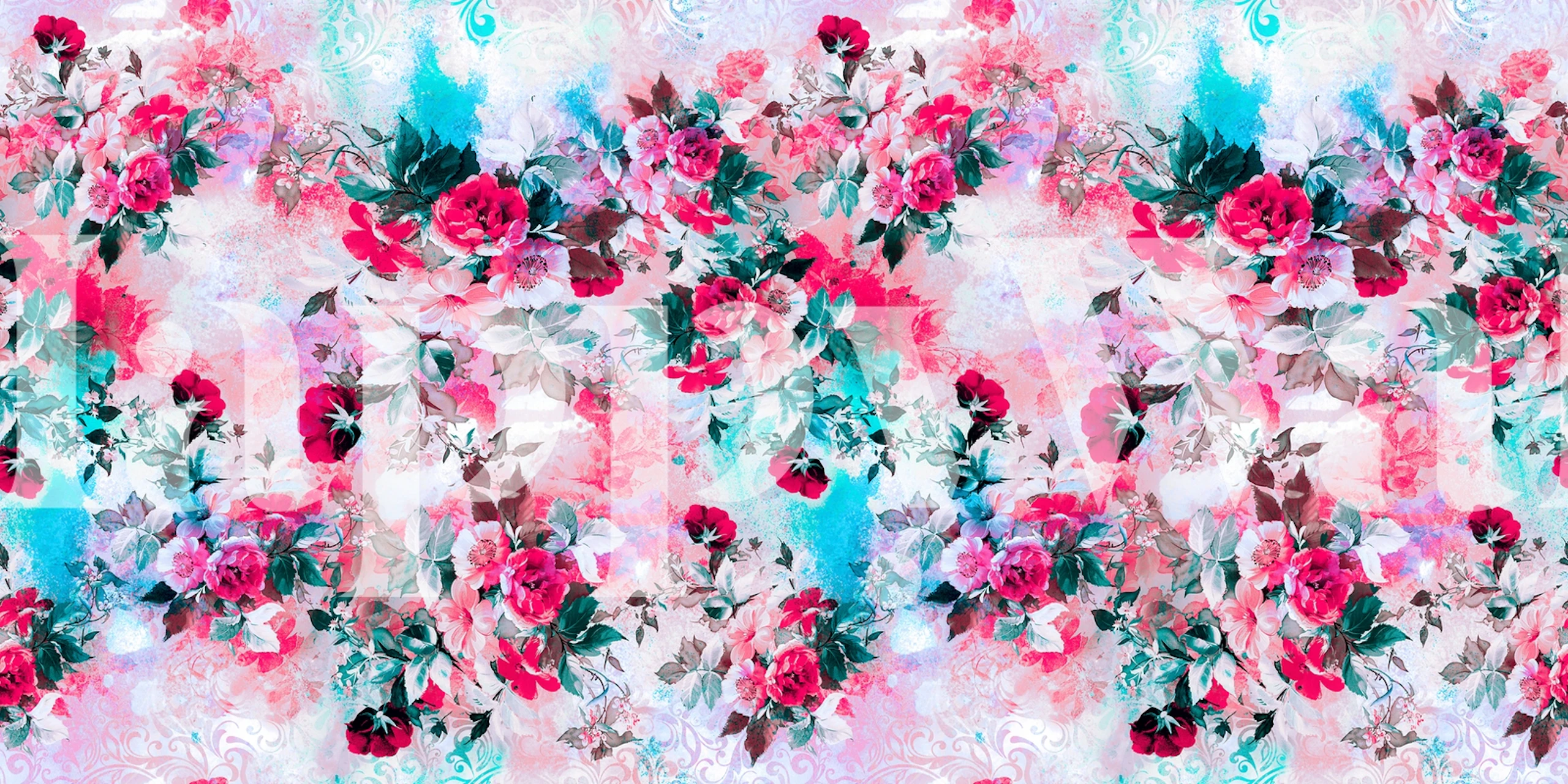 Carta da parati con vivaci fiori primaverili con sfumature rosa, blu e verdi