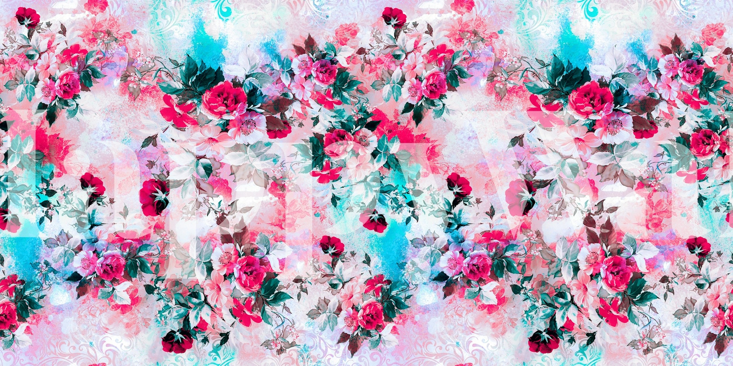 Photo murale de fleurs printanières vibrantes aux teintes roses, bleues et vertes