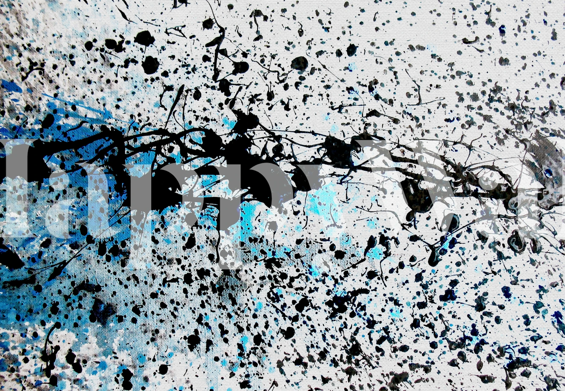Abstract wall mural Inbetween Blue Days with splashes of blue and black on white background