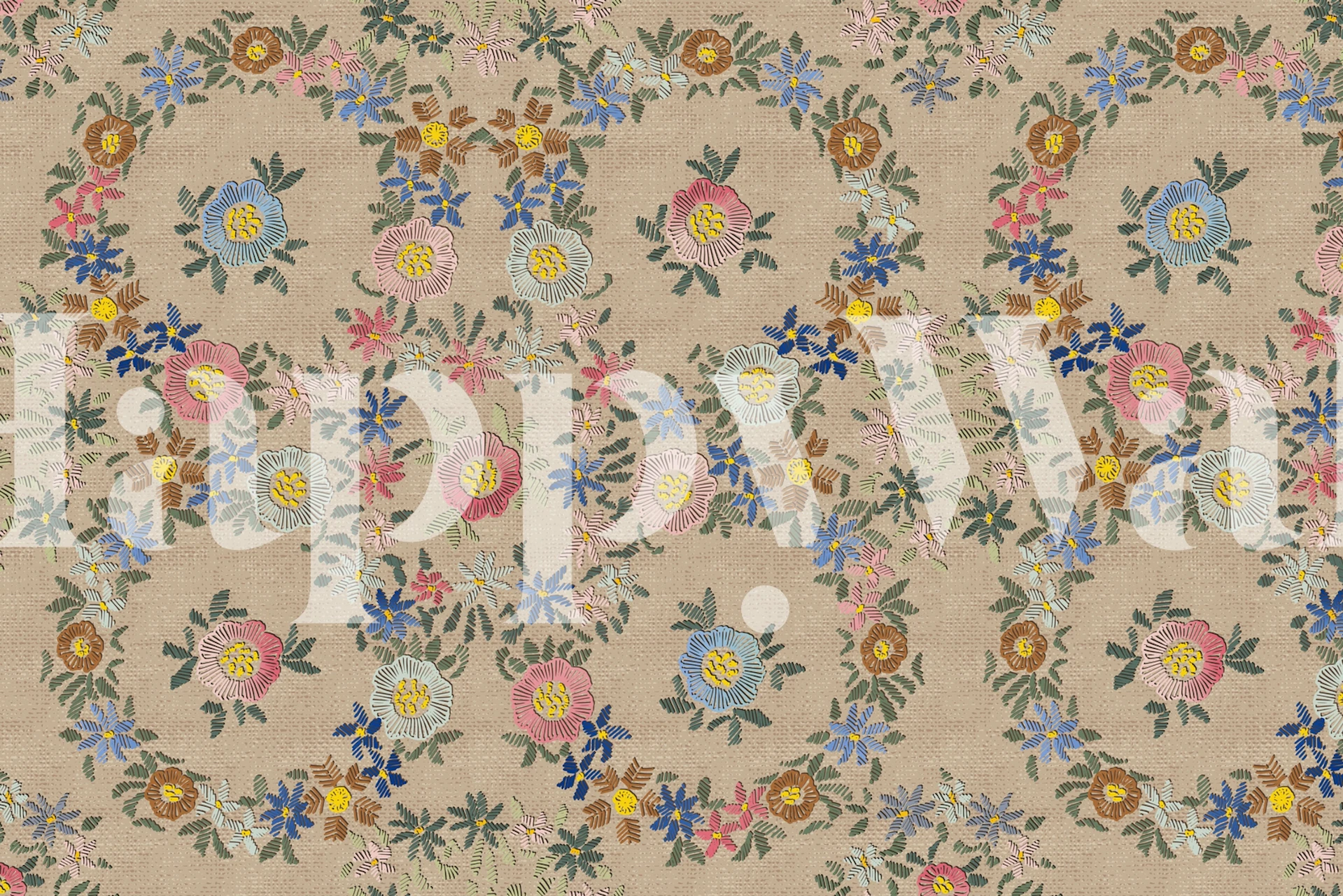 A wall mural featuring modern embroidered floral patterns on a subtle background