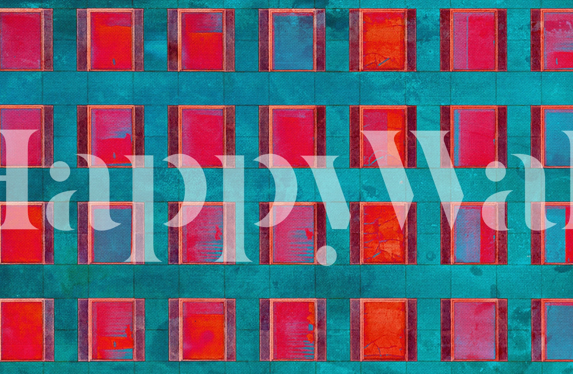 Papier peint mural carrés rouges sur fond turquoise