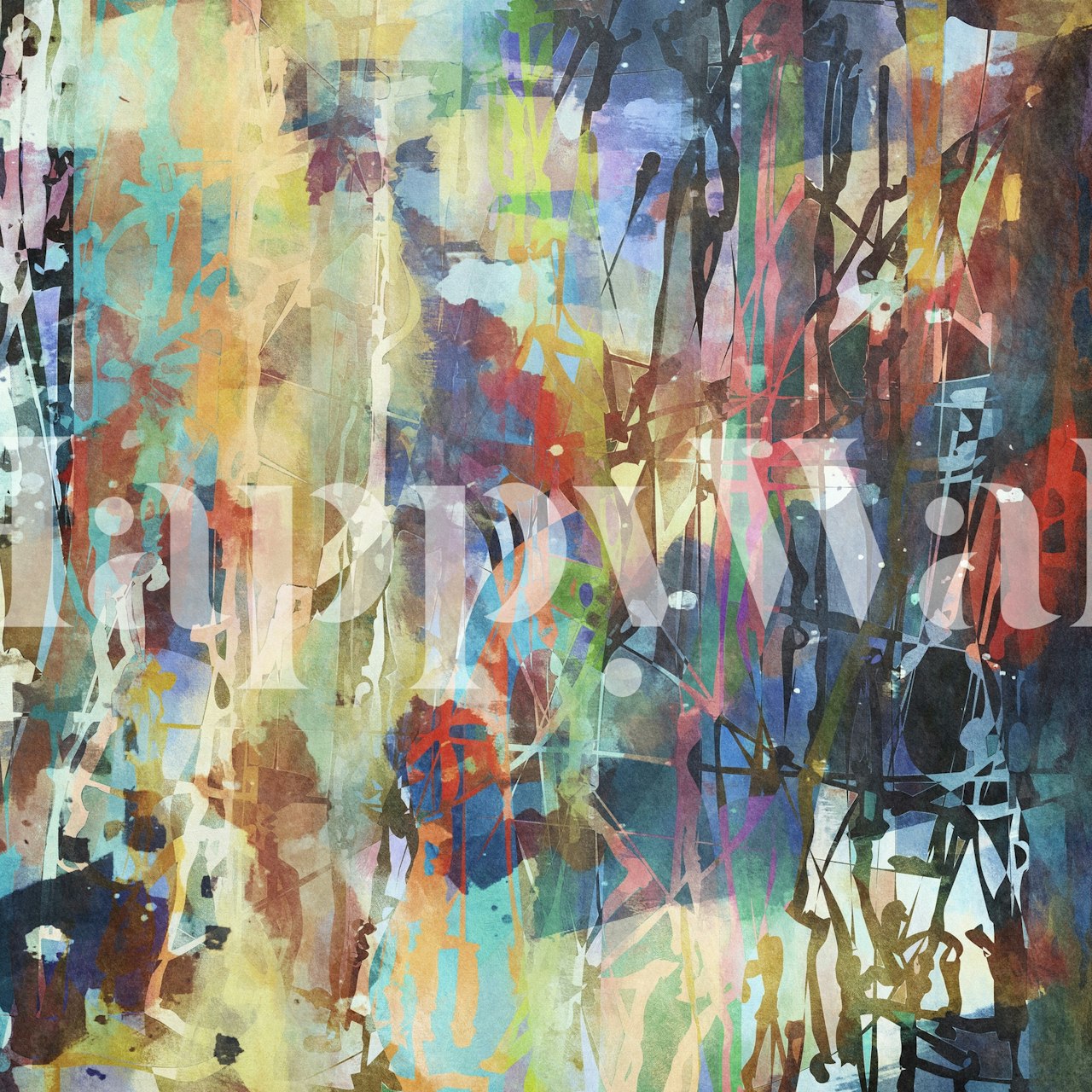 Colorful abstract design with dynamic lines and splashes of red, blue, and yellow wallpaper