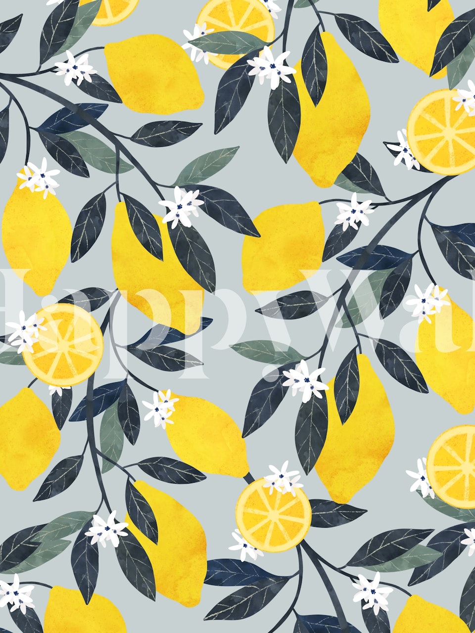 Lemon pattern with green leaves and white flowers wallpaper