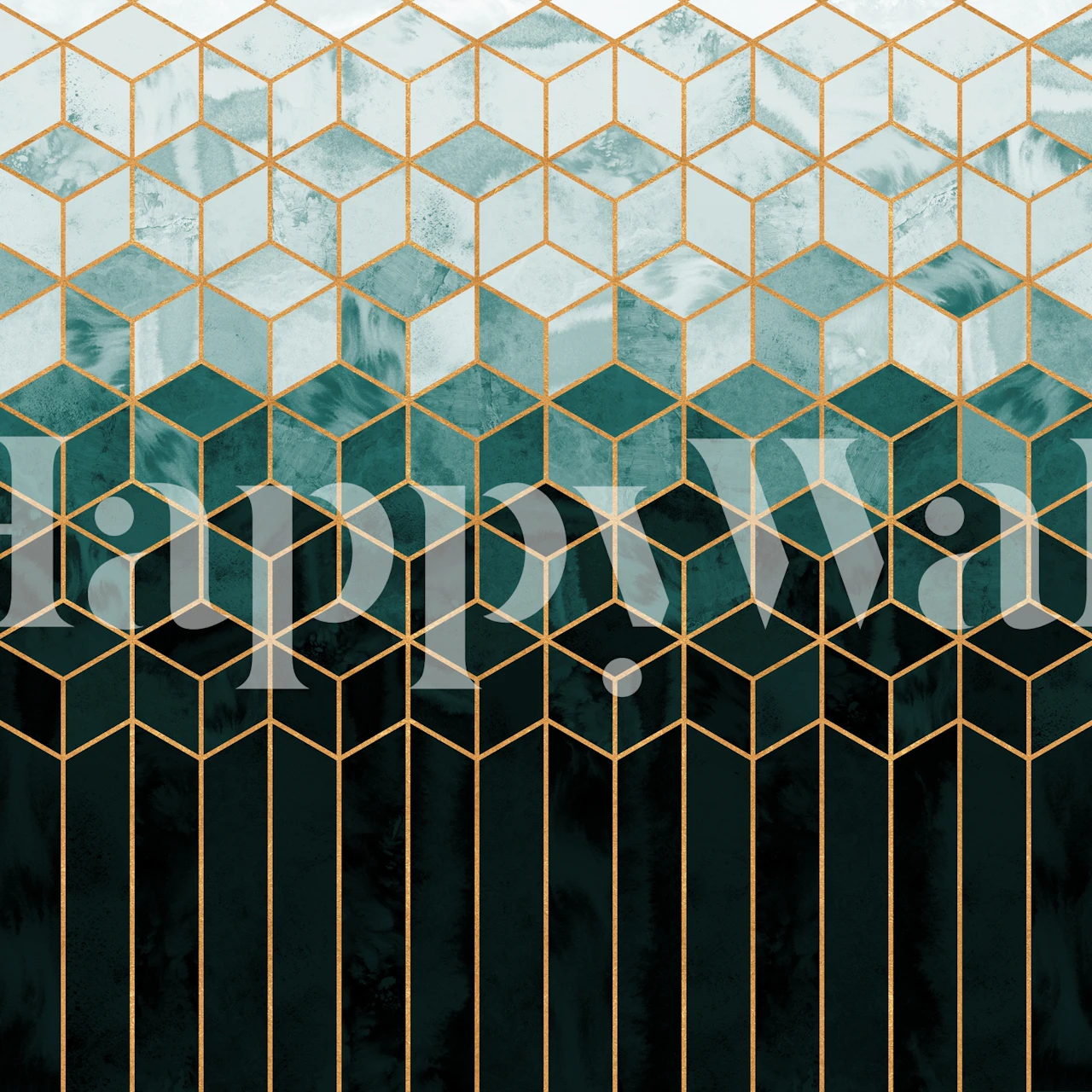 Teal and gold geometric cubes pattern wall mural