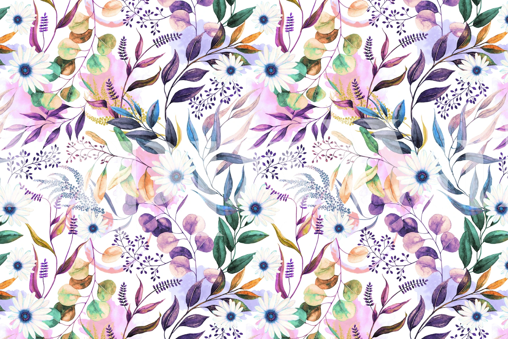 Colorful floral motifs in purple, pink, green, and blue on white background wallpaper