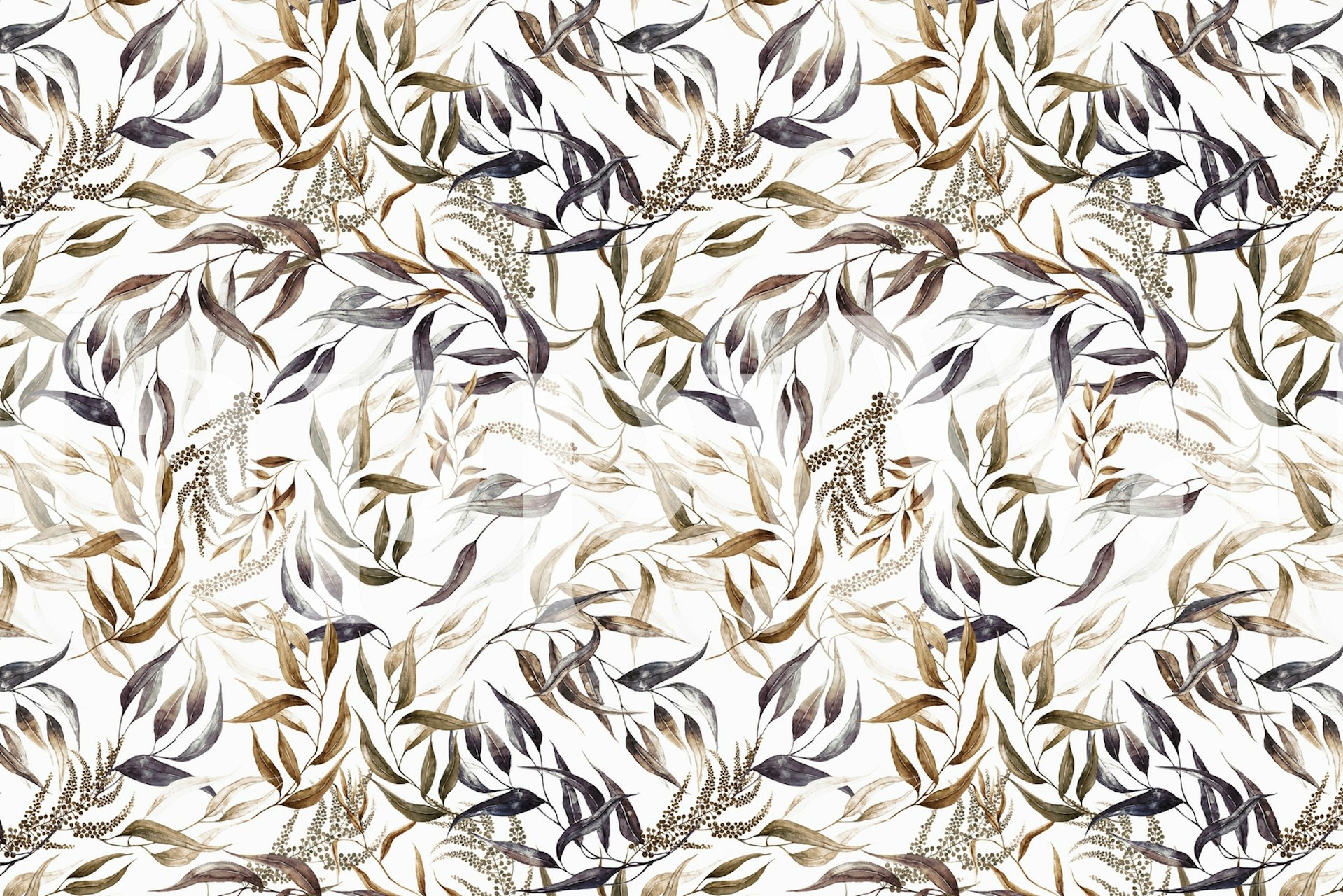 Um mural de parede sereno com um padrão de folhas inspiradas na natureza em cores suaves