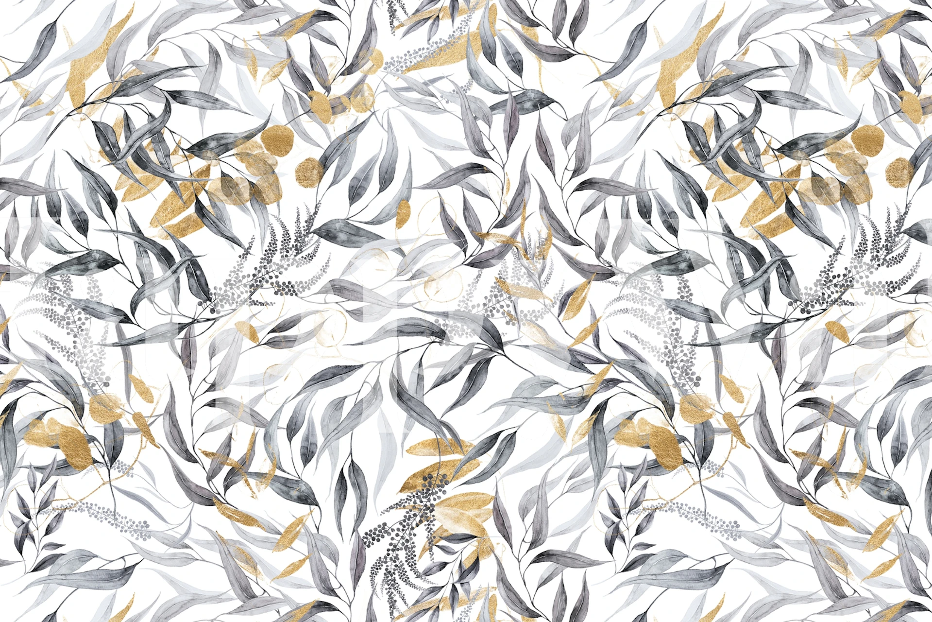 Grey and gold leaves pattern wallpaper in a modern style