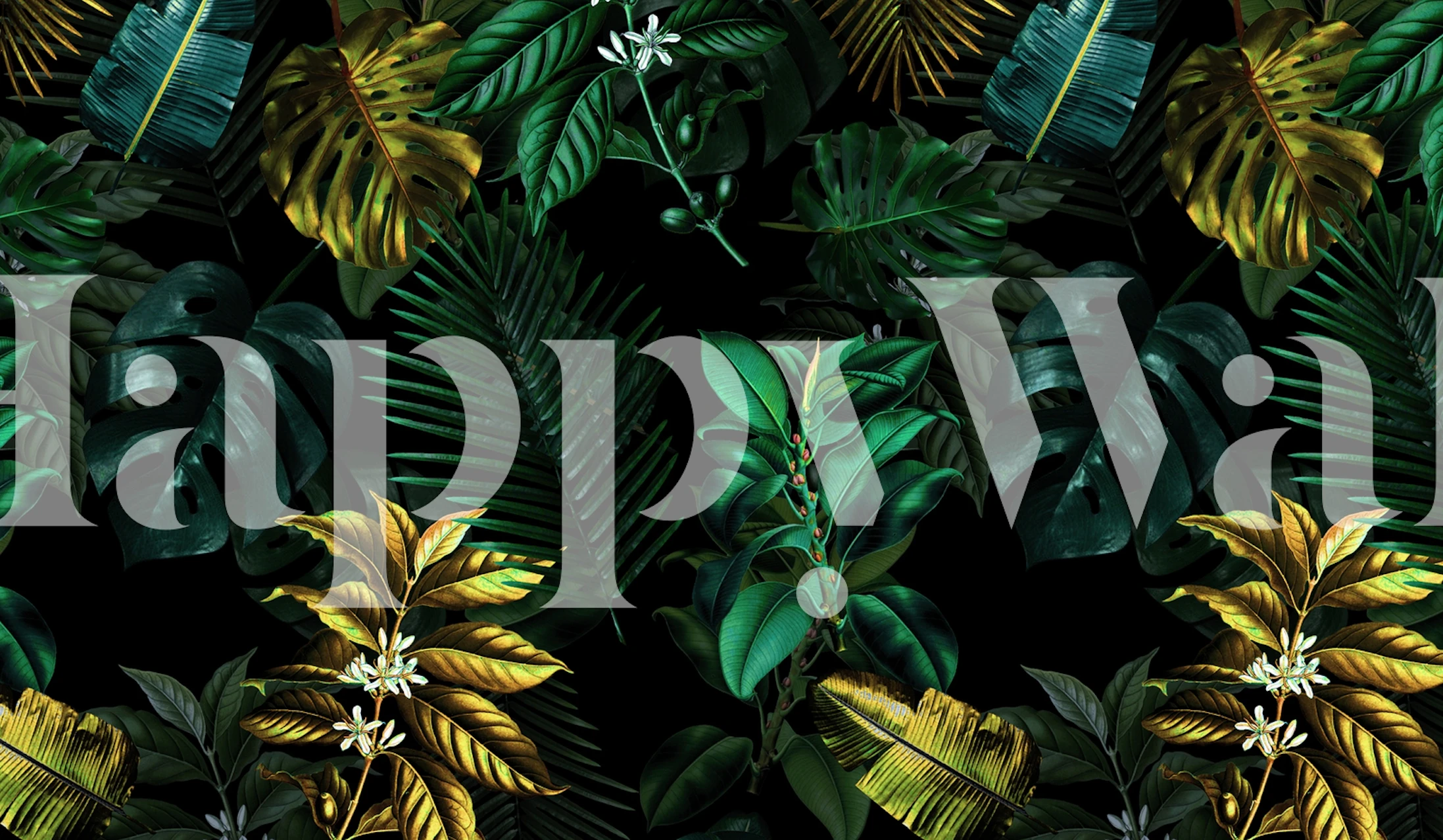 Ein üppiges Wandbild mit tropischem Laub und Blumen auf dunklem Hintergrund, mit grünen Blättern und goldenen Blüten.