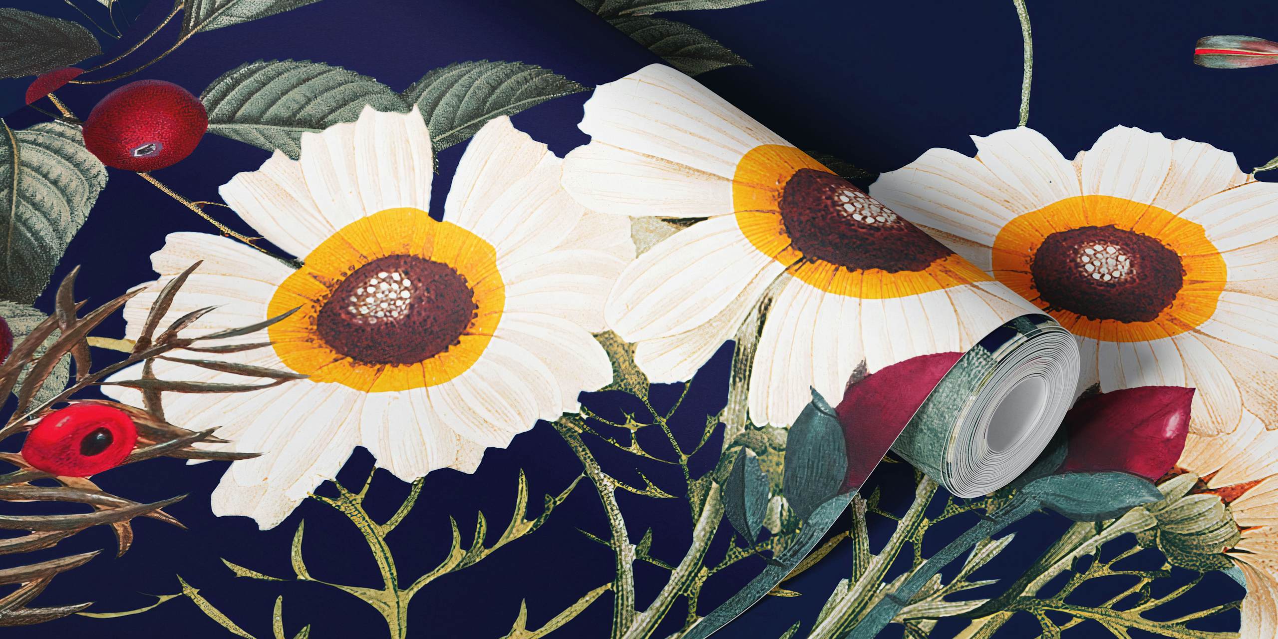 Floral wallpaper with multicolored flowers on dark background