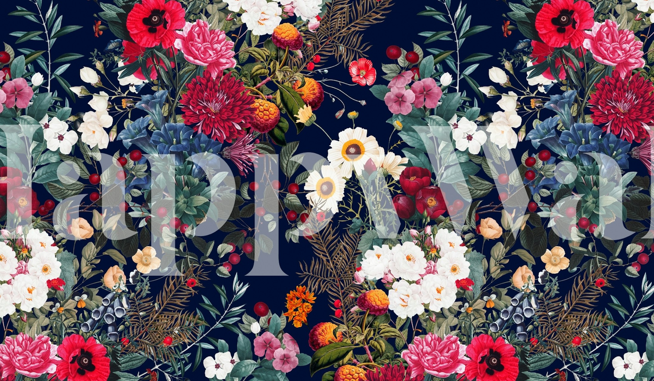 Floral wallpaper with multicolored flowers on dark background