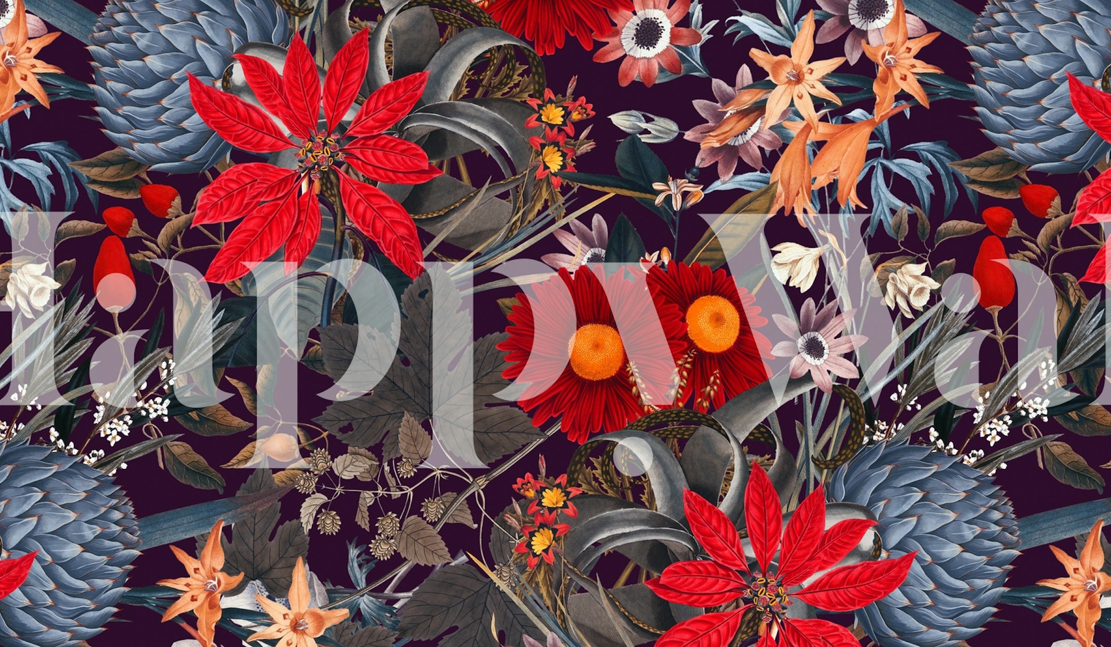 Tropical floral pattern featuring red flowers and dark leaves wallpaper