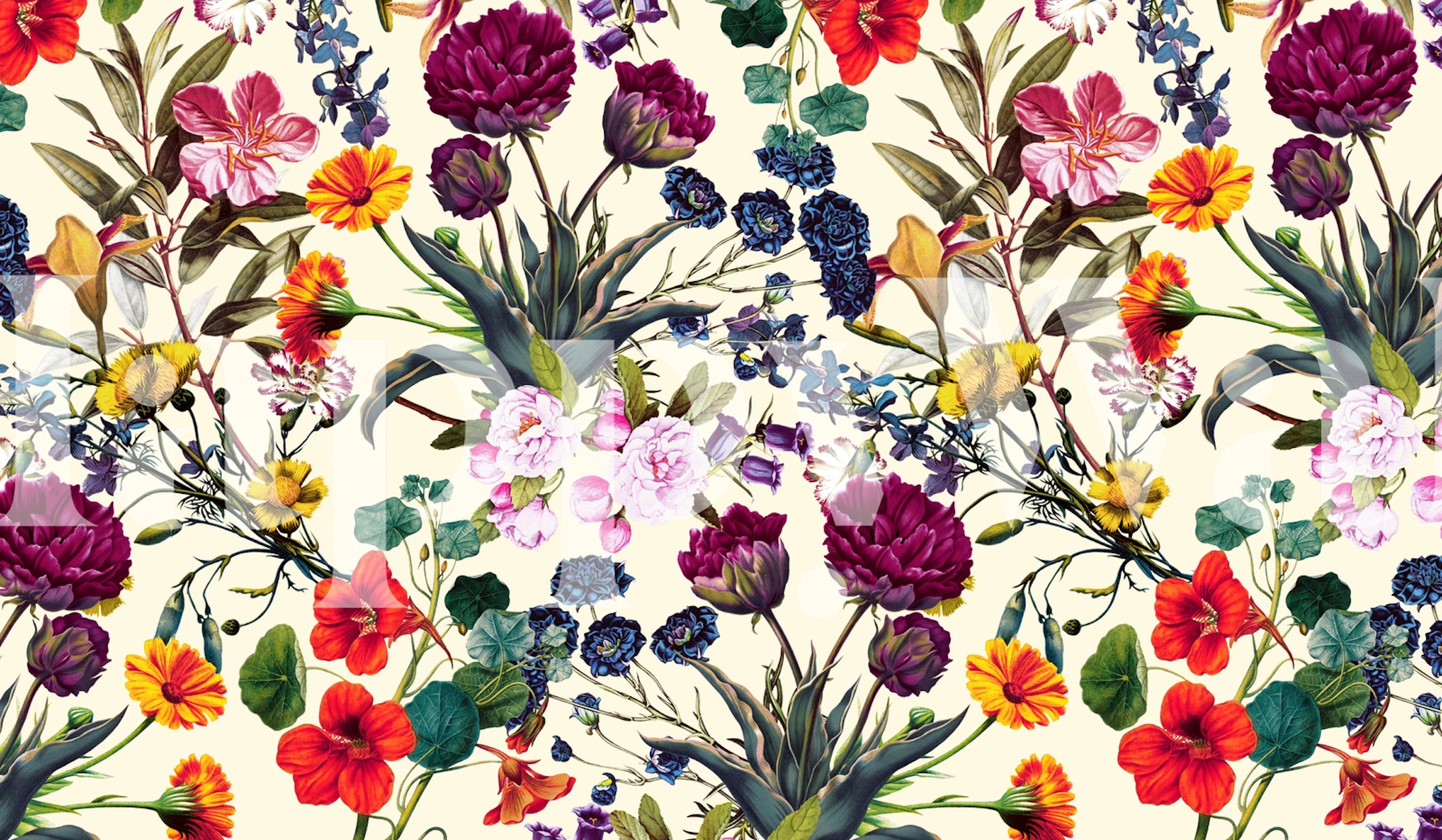 Vibrant floral motifs in purple, red, yellow, and blue wallpaper