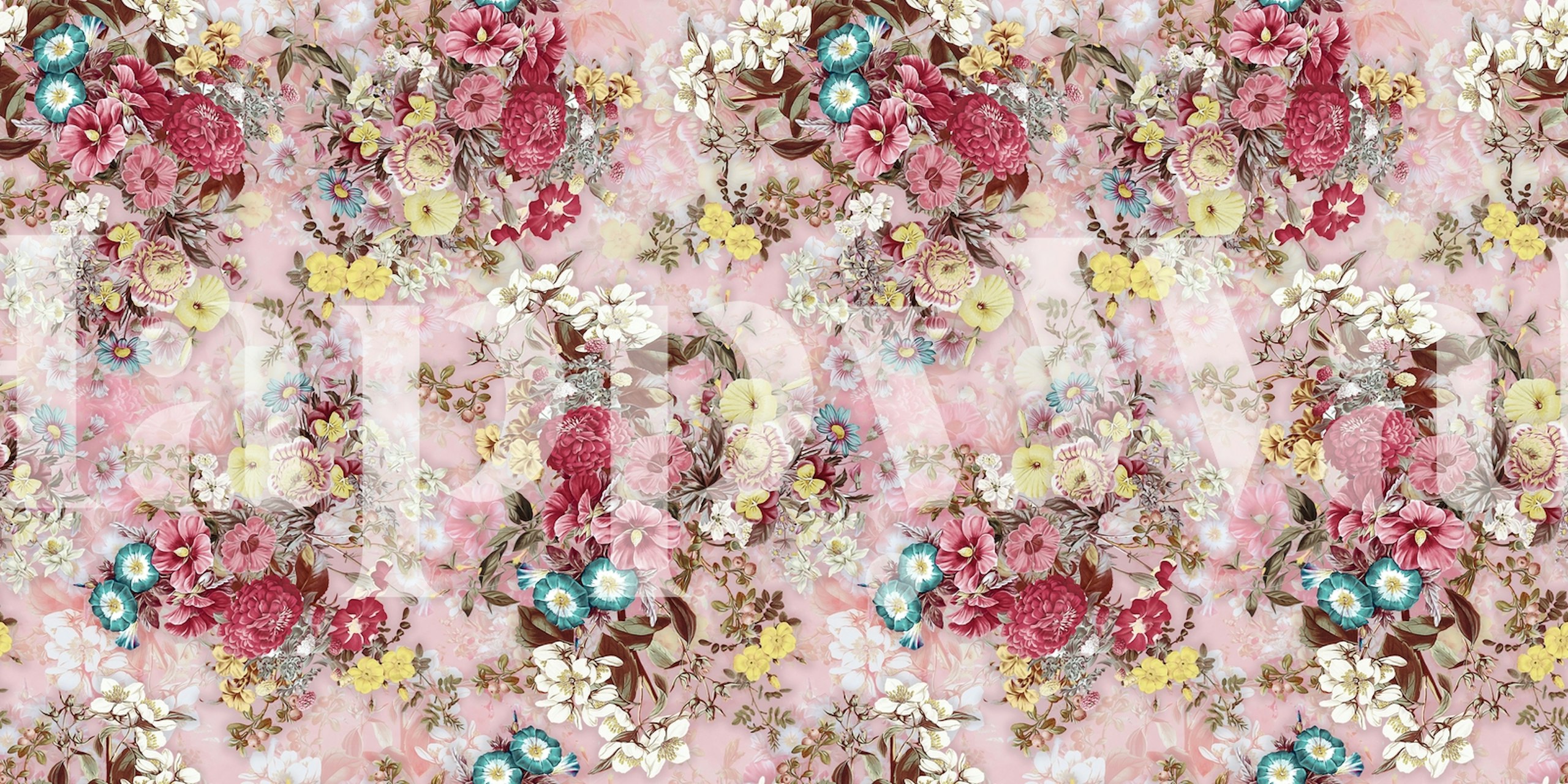 Barevná a detailní fototapeta letní zahrady s korálovými, modrými a žlutými květy na uklidňujícím pozadí.