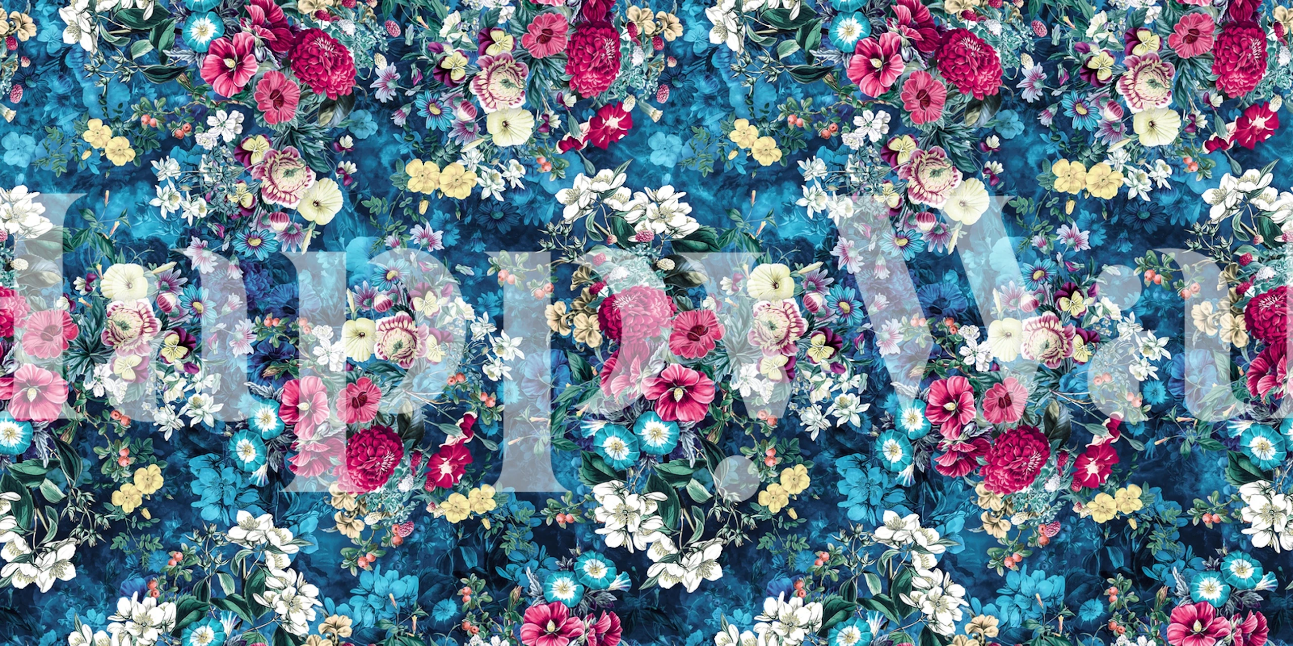 Vibrant floral patterns in blue, pink, and white wallpaper
