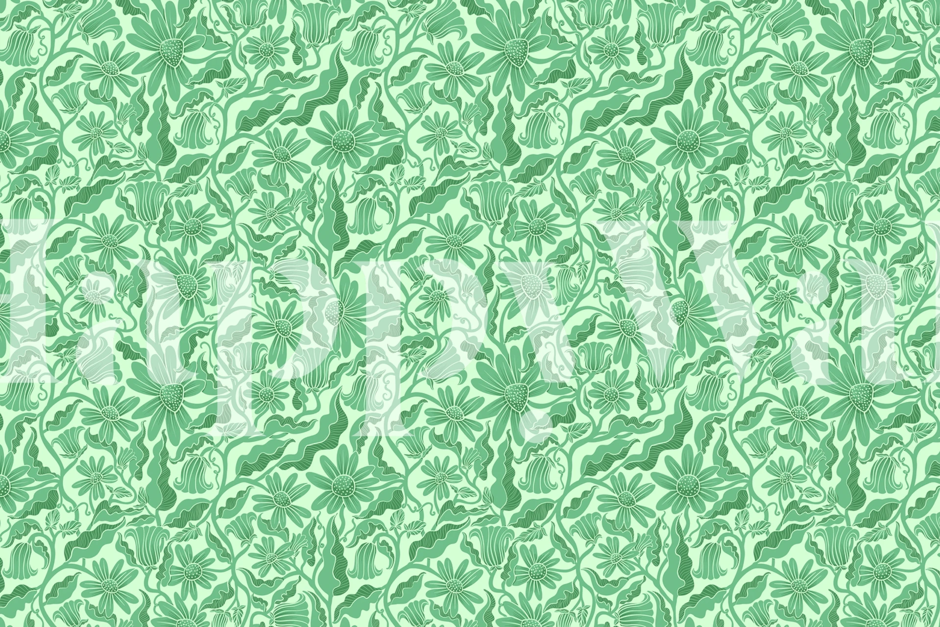 Floral pattern in green tones on monochrome wallpaper