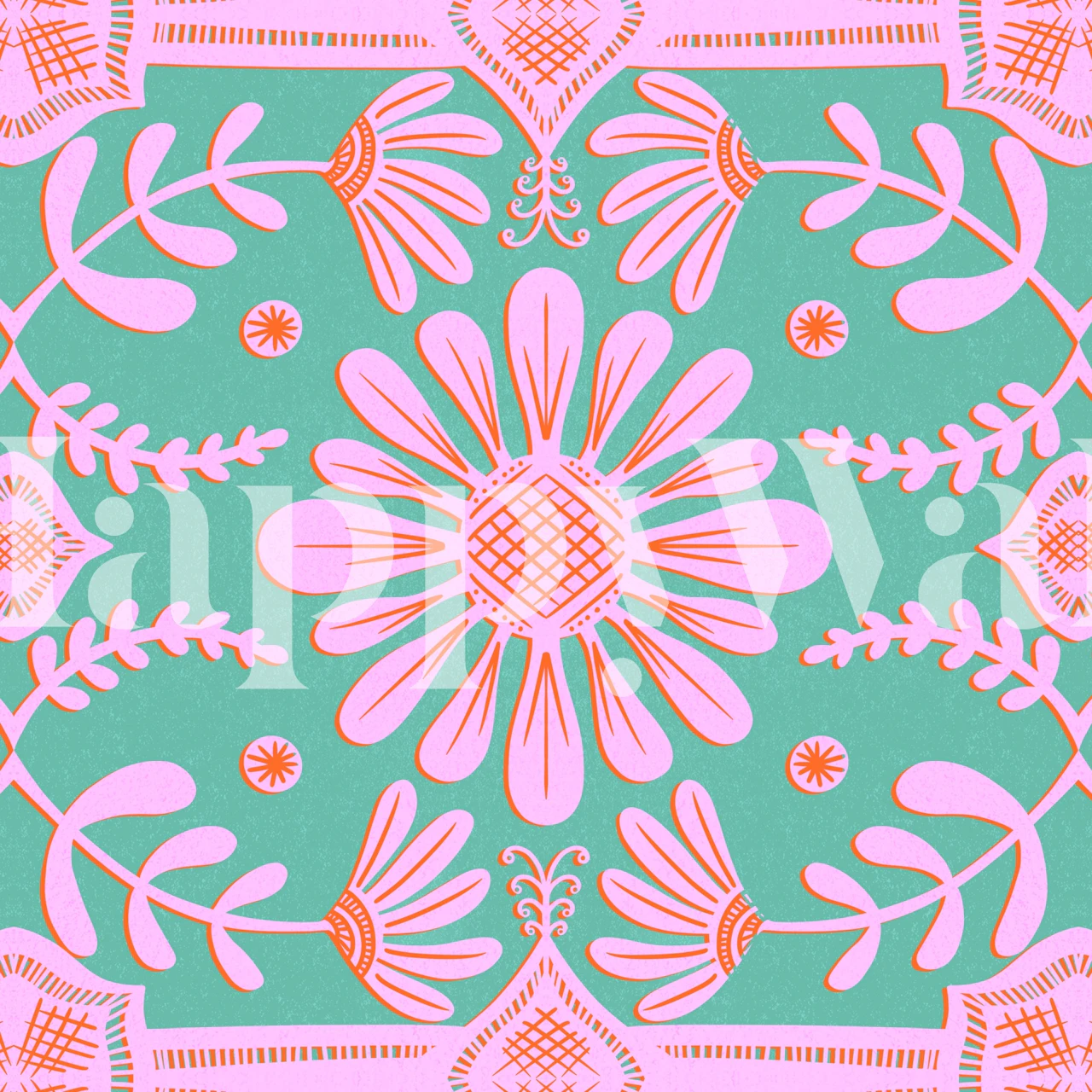 Boho floral geometric pattern in pink and green wallpaper