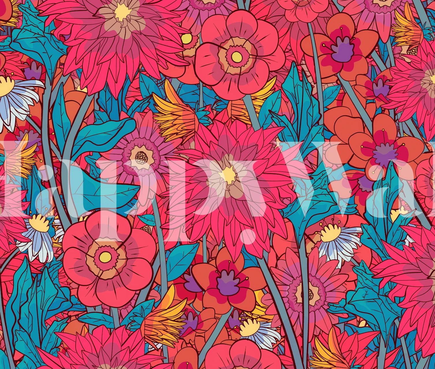 Kleurrijke bloemen met felroze en groene bladeren wallpaper