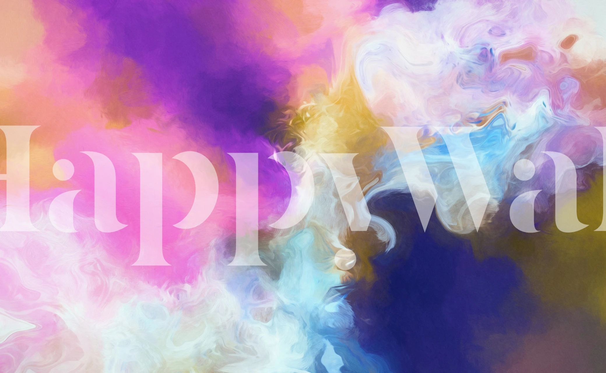 Colorful abstract fluid ink wall mural with a blend of purple, blue, and yellow hues