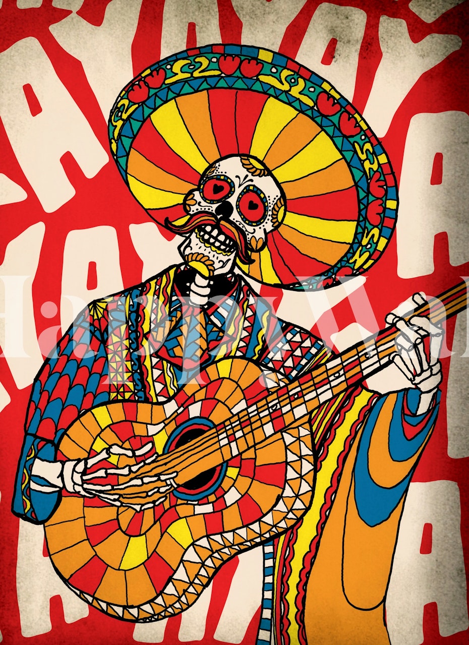 Colorato musicista Mariachi con chitarra in abito tradizionale messicano