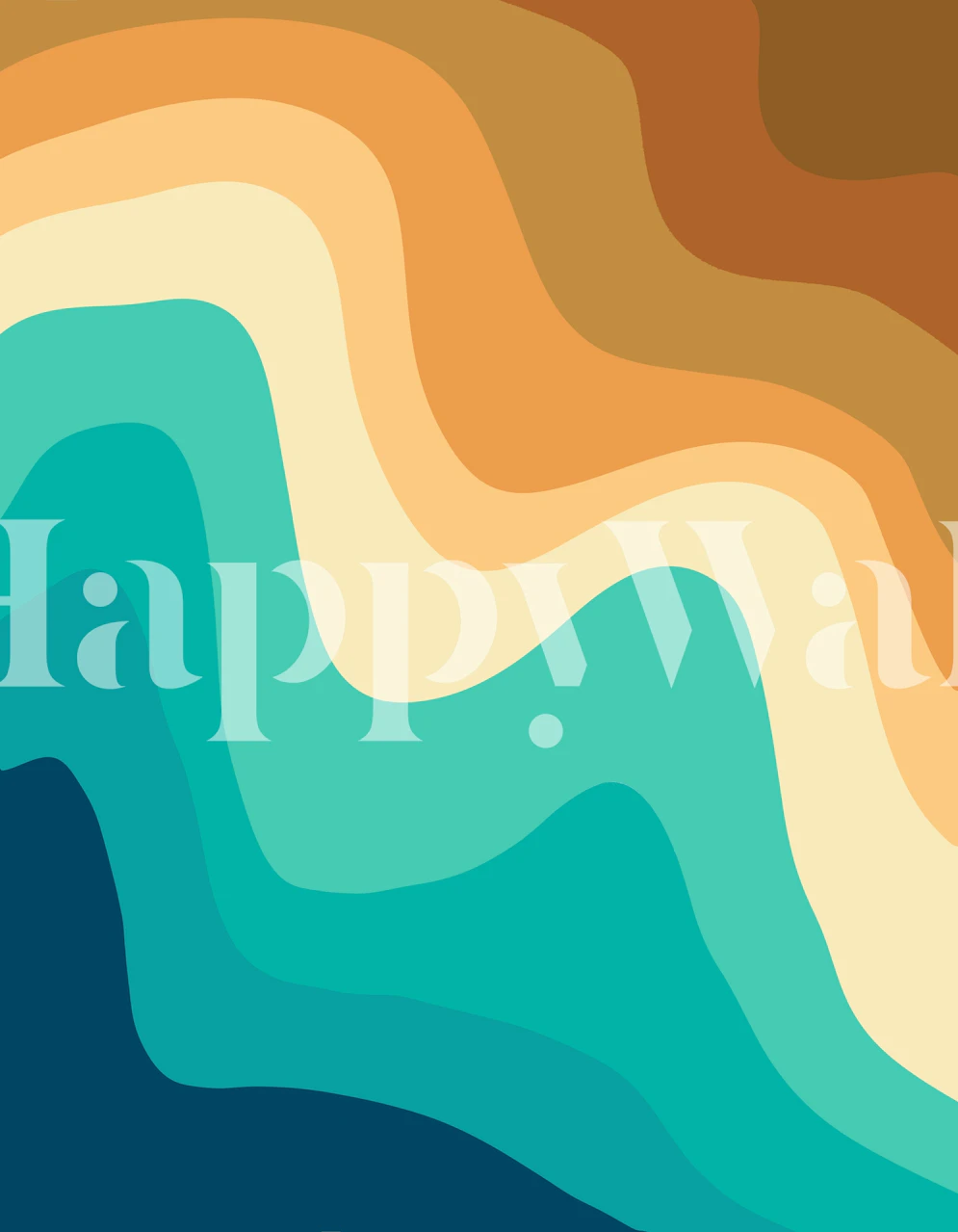 Farverigt vægmaleri i retrostil med hvirvlende bølgemønstre i blå, blågrøn og orange.