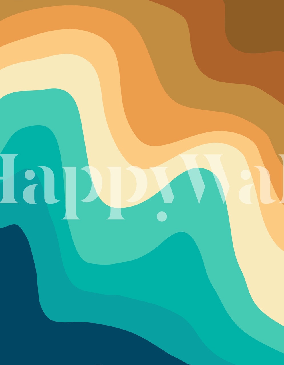 Papier peint mural coloré de style rétro avec des motifs de vagues tourbillonnantes en bleu, sarcelle et orange.