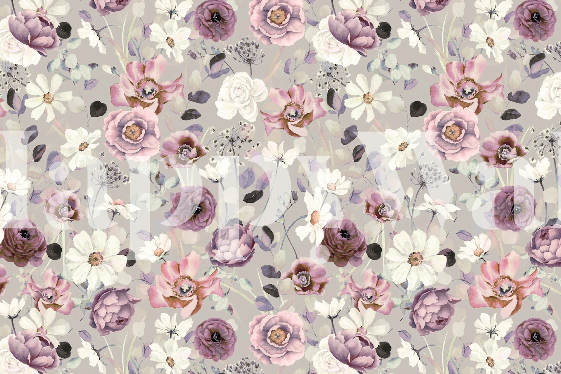 Purple and white floral patterns on gray wallpaper
