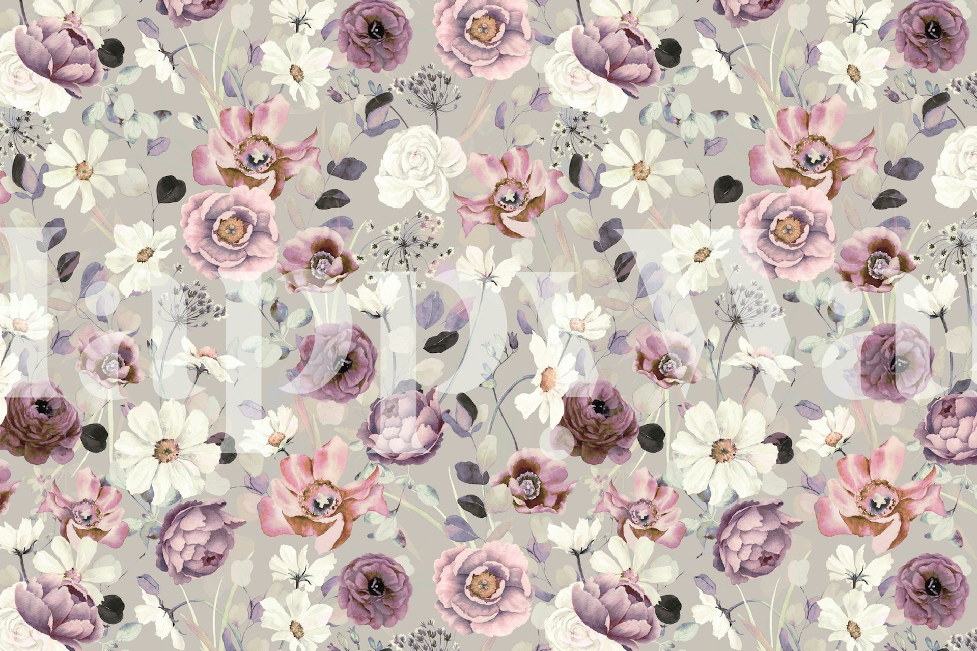 Purple and white floral patterns on gray wallpaper