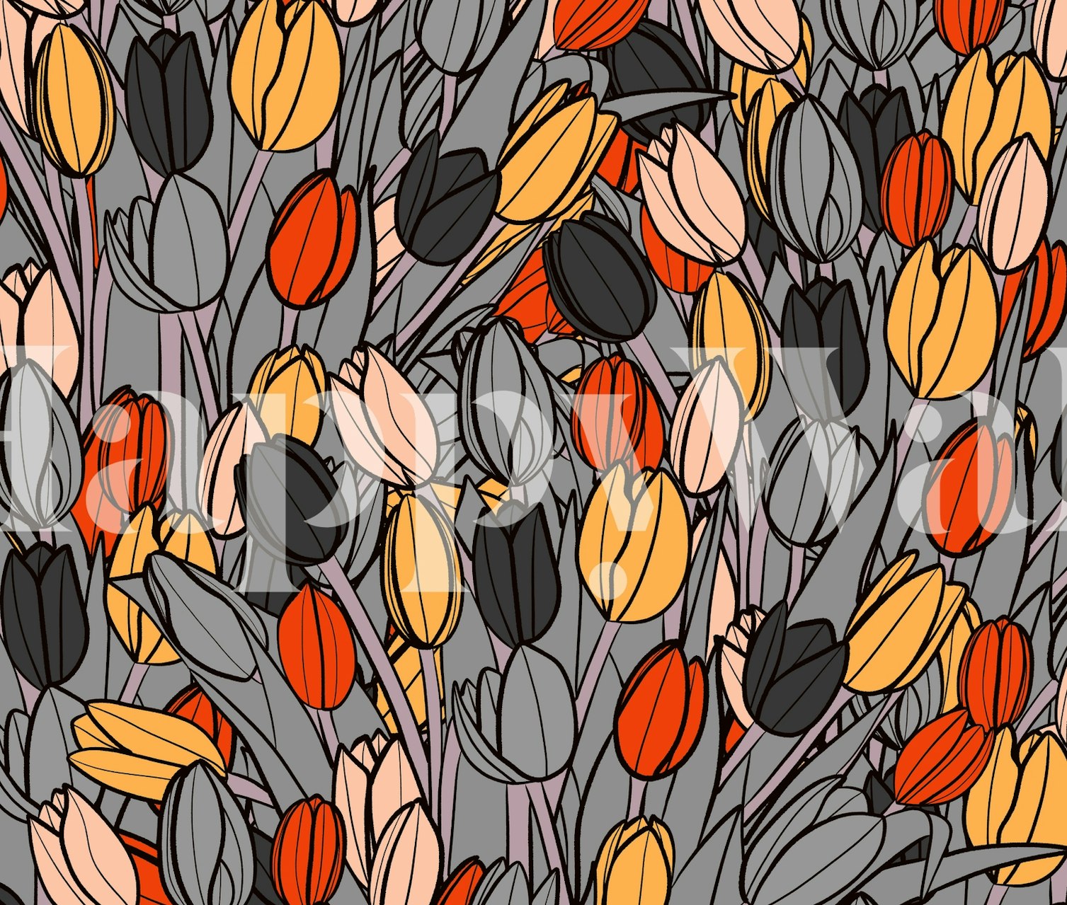 Colorful tulip pattern wall mural with red, orange, and pink tulips on a grey background