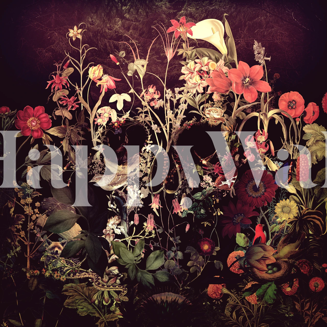 Tmavá květinová nástěnná malba se skrytým designem lebky uprostřed zářivě kvetoucích květin