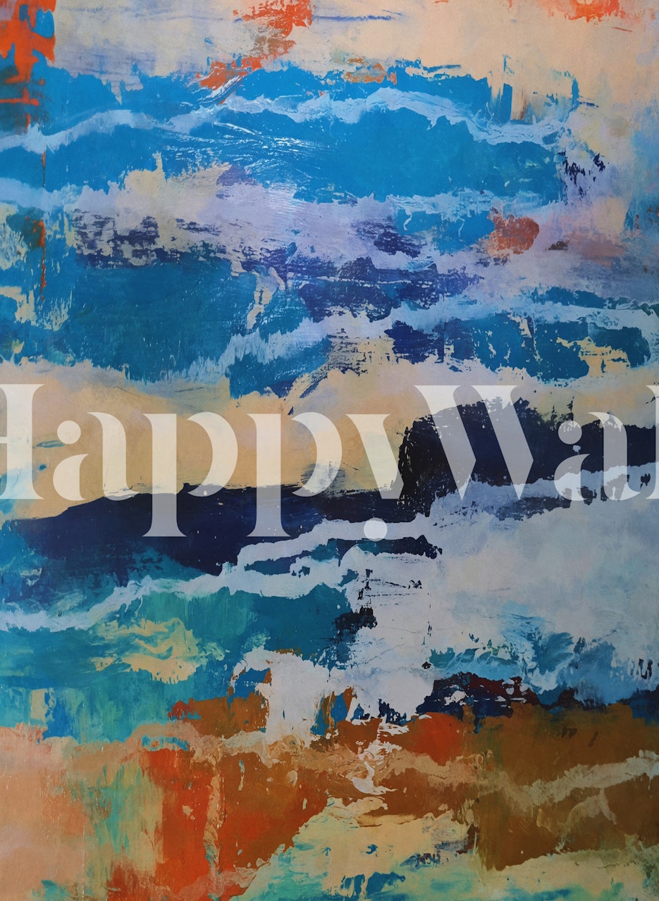 Vibrant abstract landscape wall mural with expressive blue, white, and earth tone brush strokes