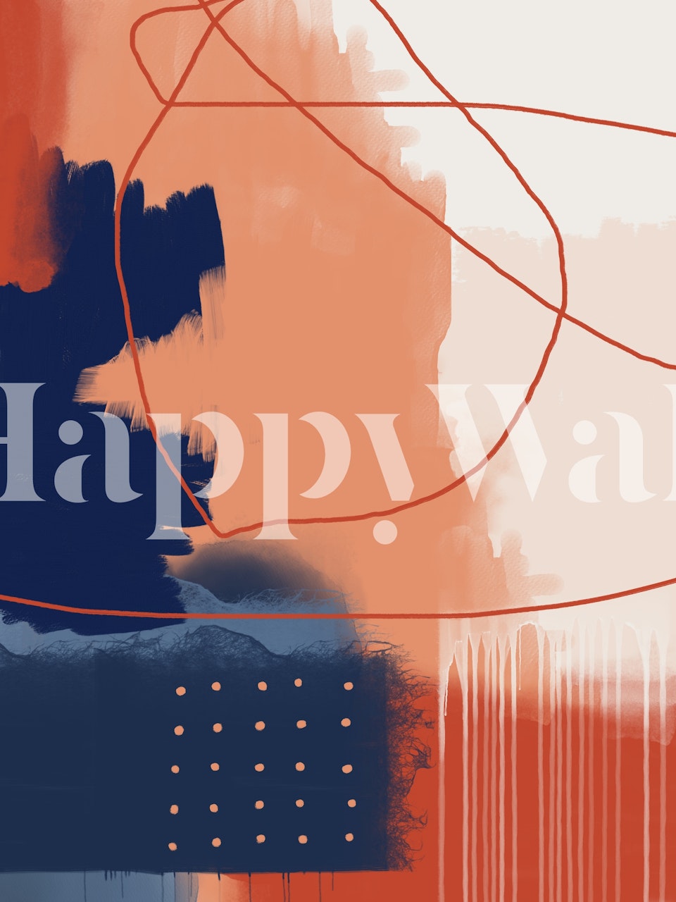 Abstract design with orange and blue brush strokes, circular lines and dots wallpaper