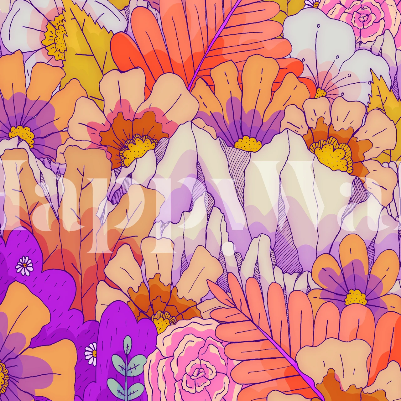 Mural de parede floral colorido com tons de roxo, rosa e laranja