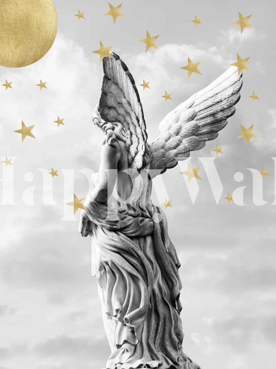 Angel statue with wings and stars against a gray background wallpaper