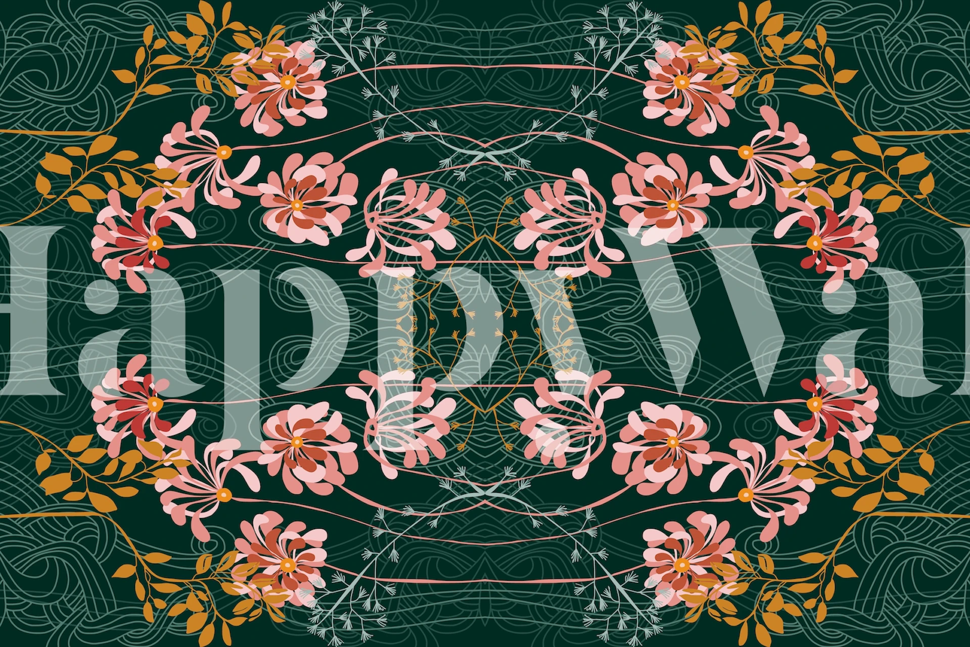 Emerald background with pink floral patterns and decorative swirls wallpaper