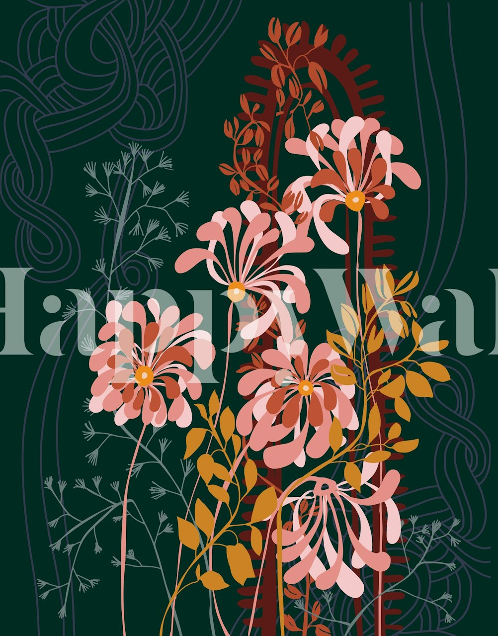 Floral design with pink flowers and green backdrop wallpaper