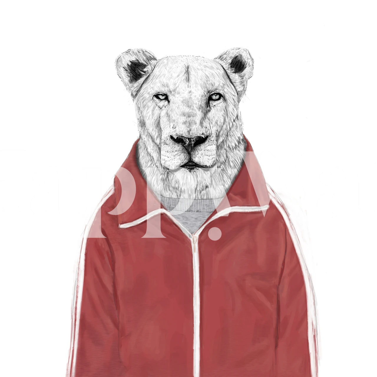 Fototapete eines Löwen, der eine rote Sportjacke trägt