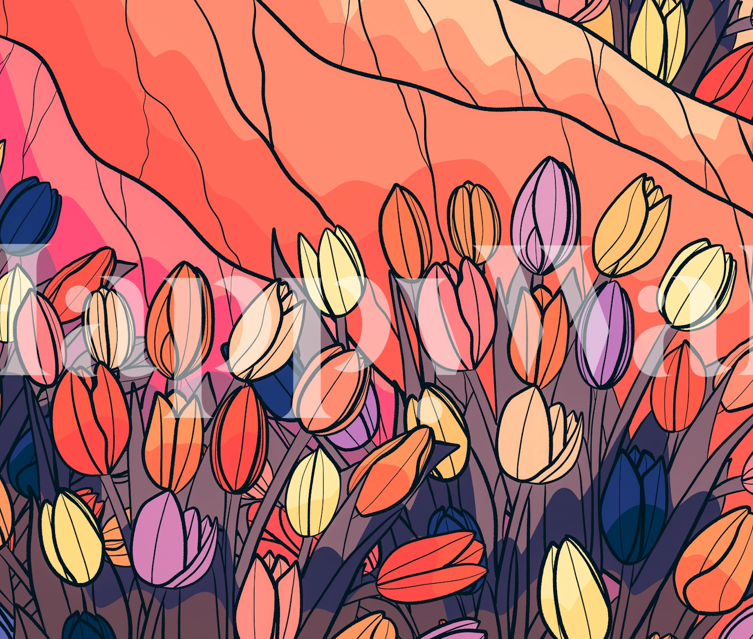 Tulipanes coloridos en un hermoso paisaje