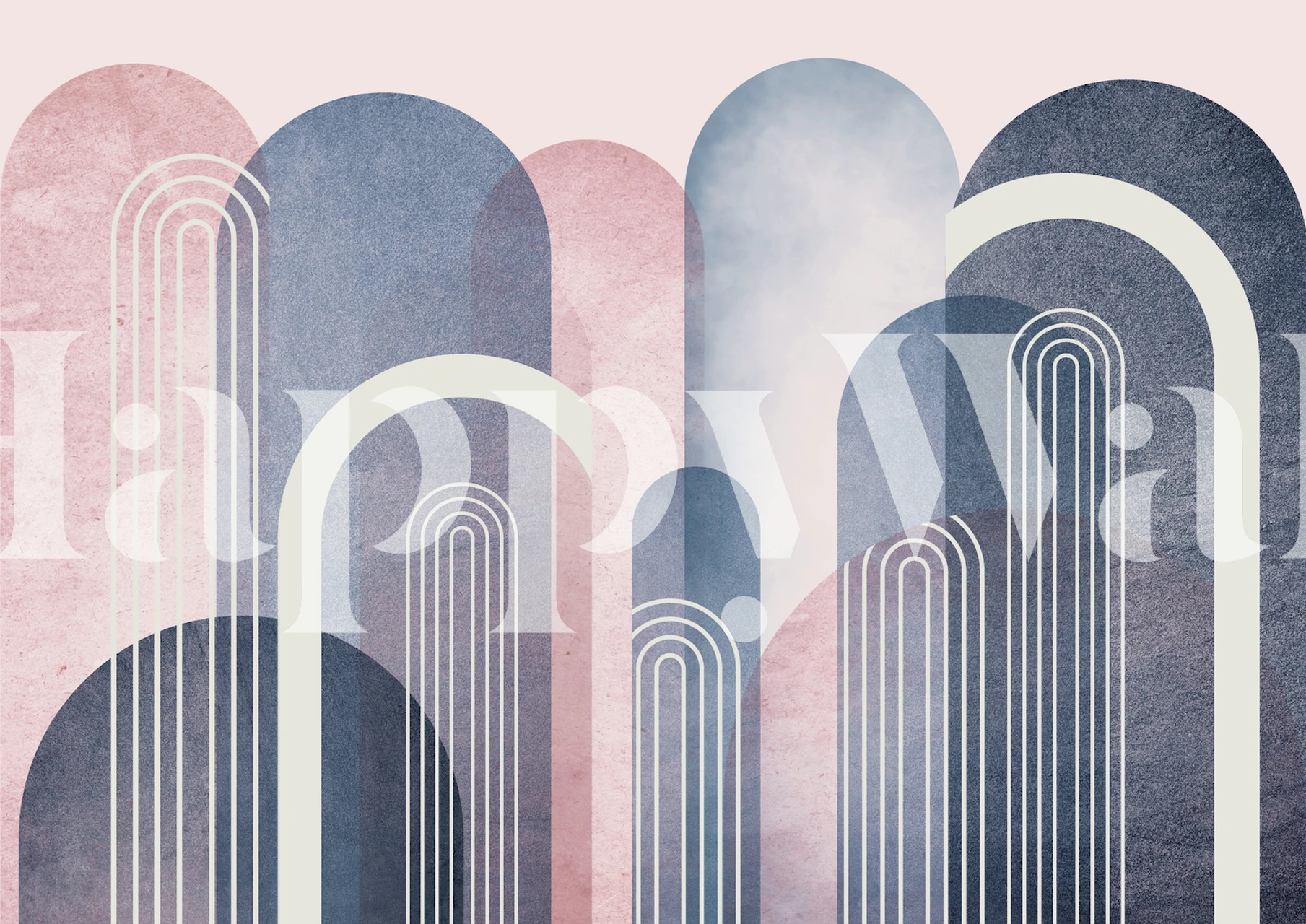 Pink and blue abstract curved shapes with lines wallpaper