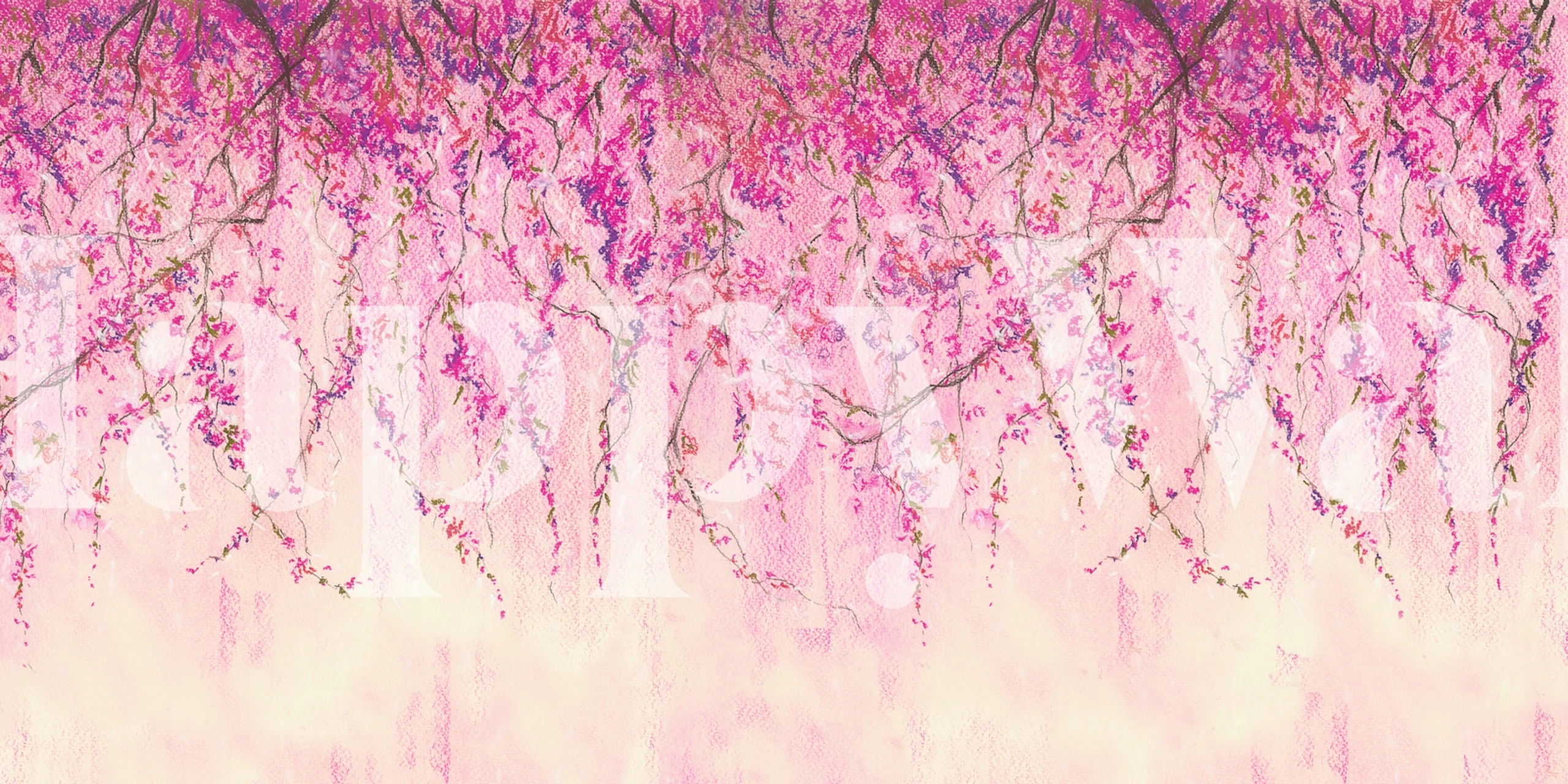 Sakura branches with pink flowers cascading. Floral pastel wallpaper for walls.