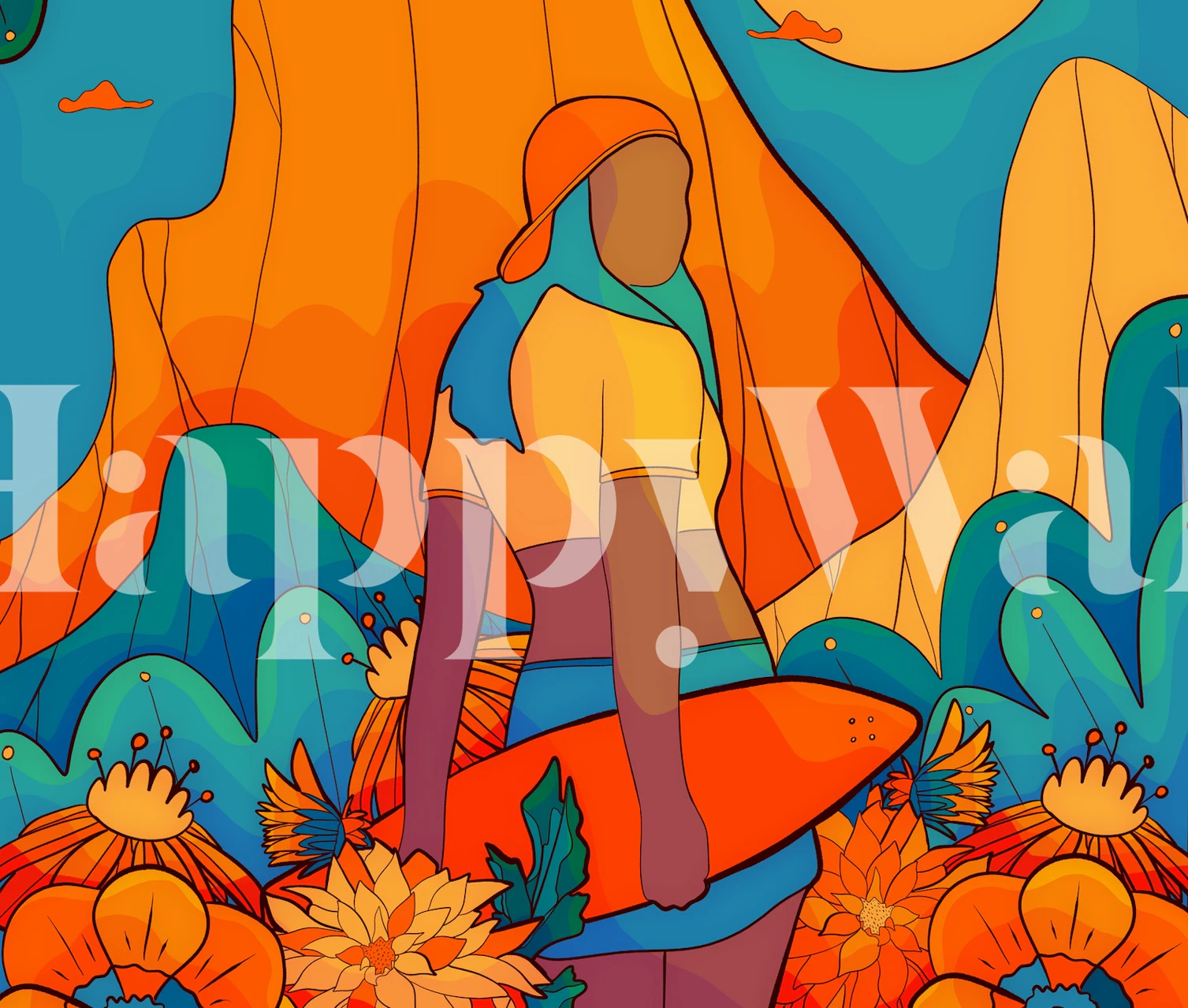 Vibrant skater girl holding a surfboard with flowers and mountains, colorful wallpaper