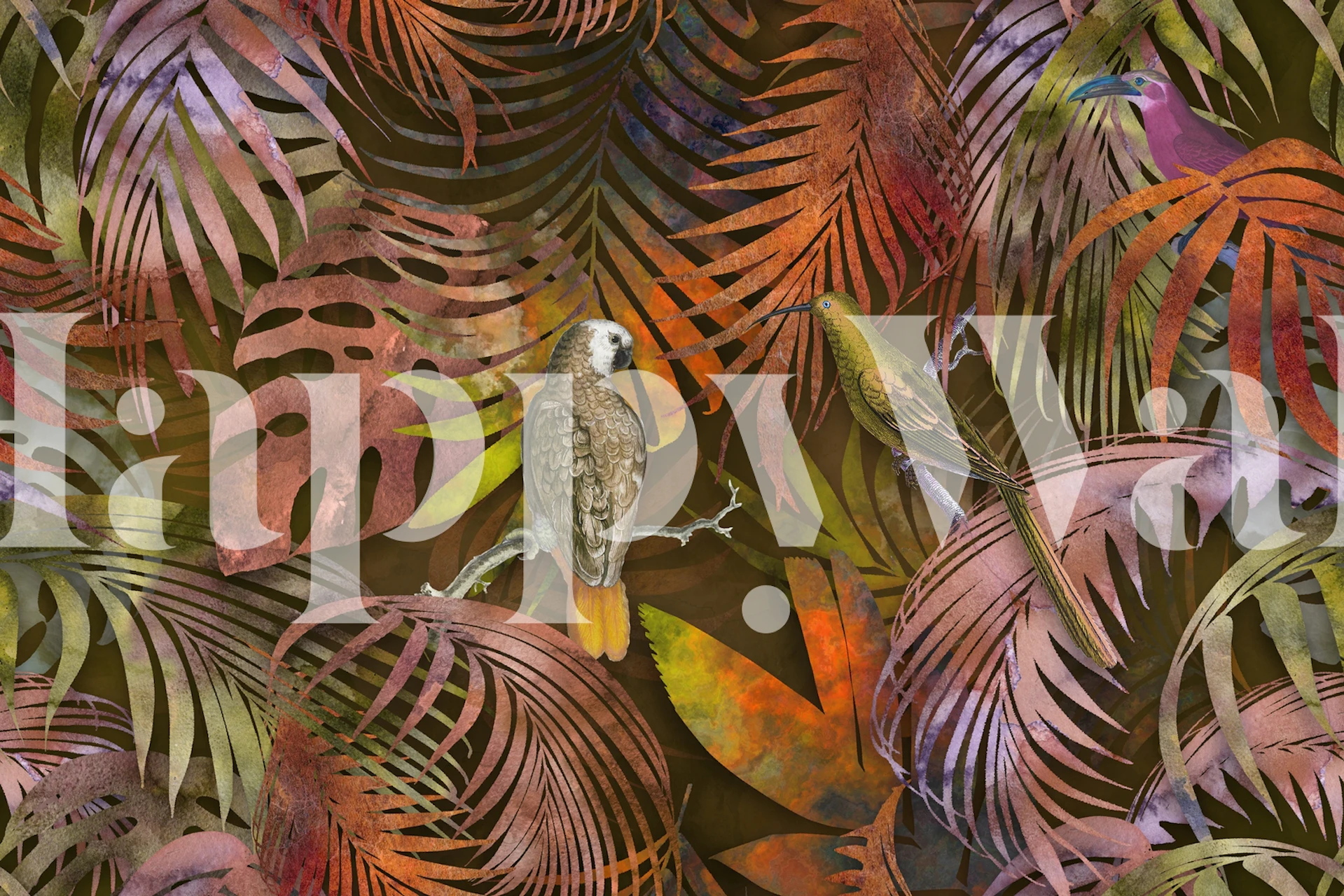 Parrots in a jungle-themed wallpaper design