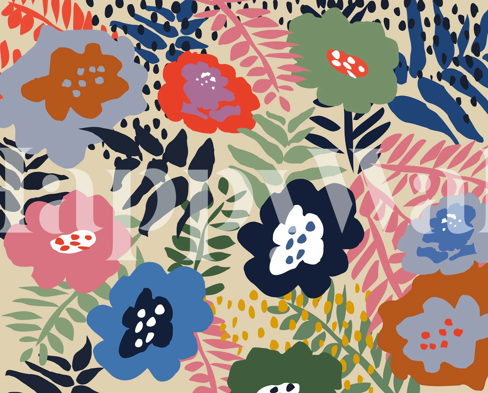 Colorful floral pattern with blue, pink, green, and orange flowers on a beige background wallpaper