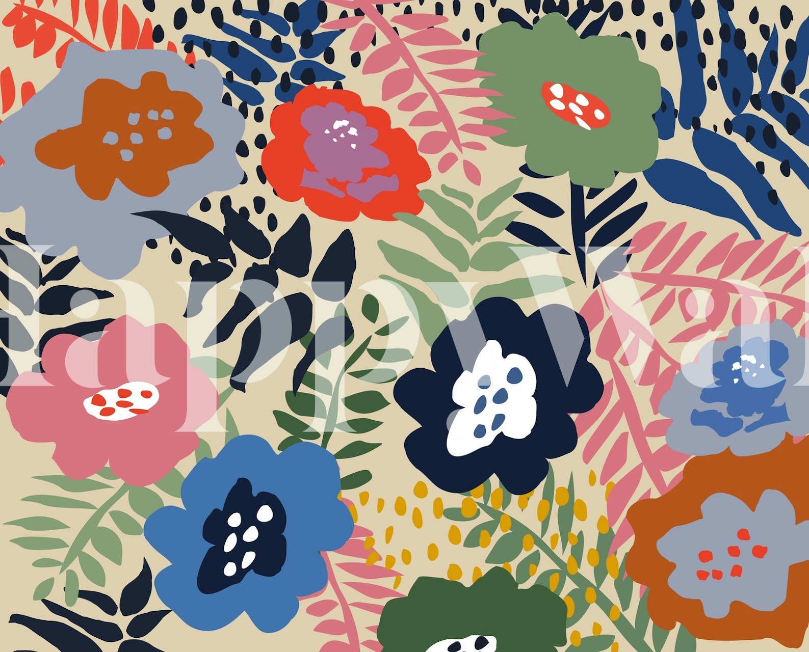 Colorful floral pattern with blue, pink, green, and orange flowers on a beige background wallpaper