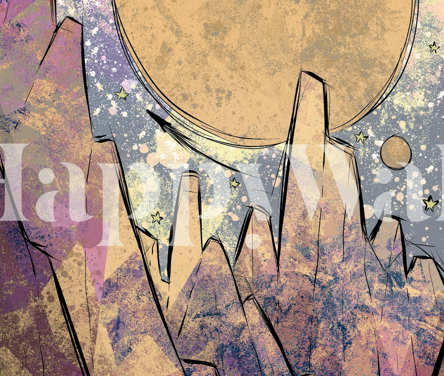 Murale illustrative représentant un paysage fantastique de Vénus avec des montagnes abstraites et des corps célestes.