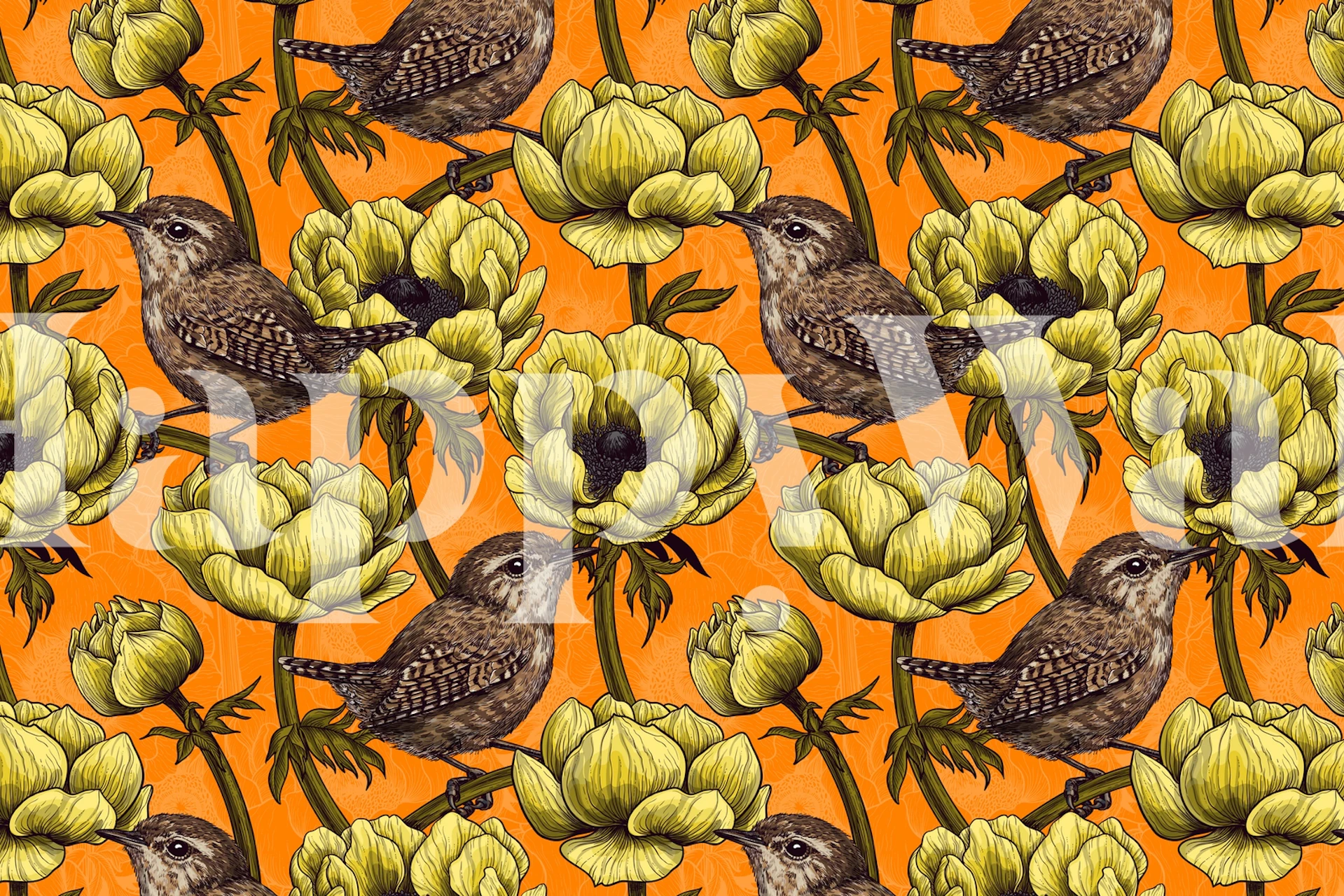 Birds and anemone flowers on vibrant orange background wallpaper