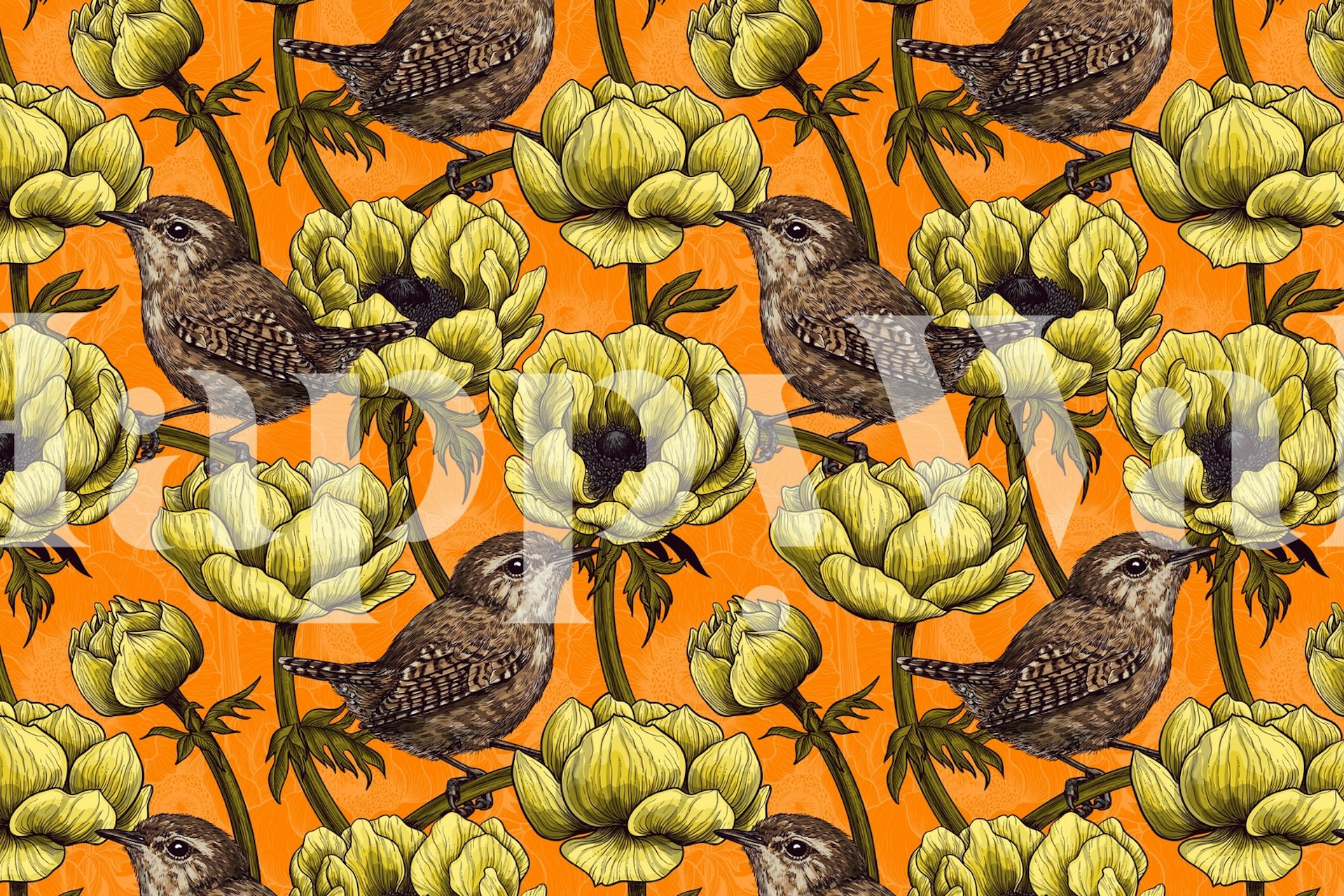 Birds and anemone flowers on vibrant orange background wallpaper